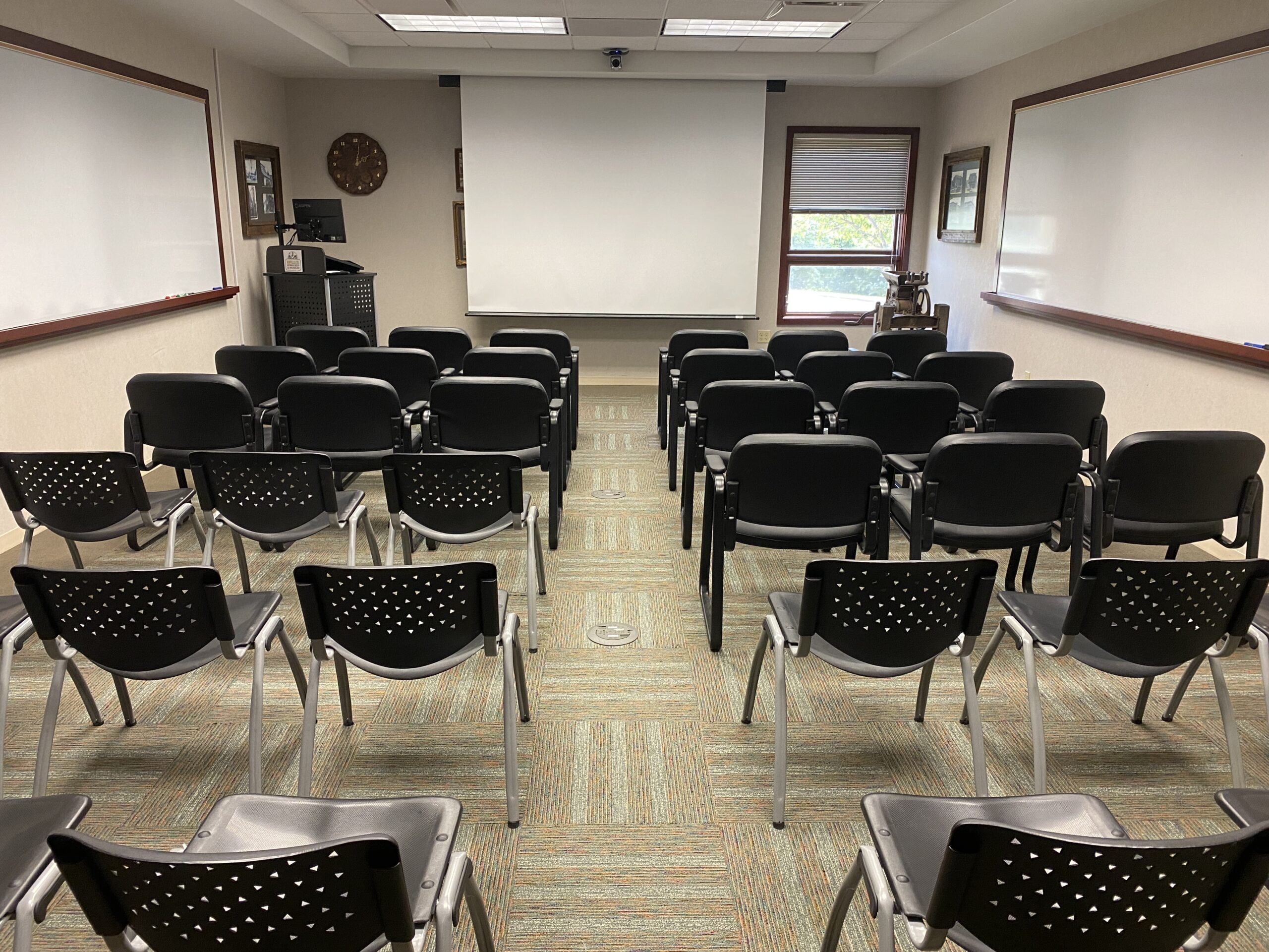 Conference room with chairs set up for a lecture